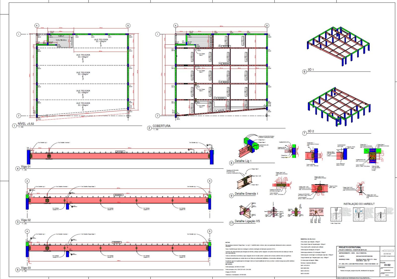 Prancha de projeto estrutural com plantas, cortes, detalhes de ligação e vistas 3D