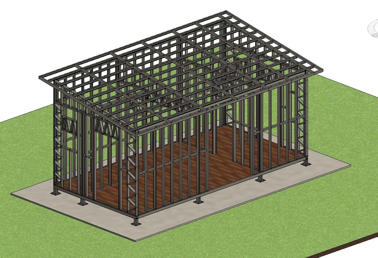 Modelo tridimensional de uma edificação em light steel frame, com perfis, travamentos e laje